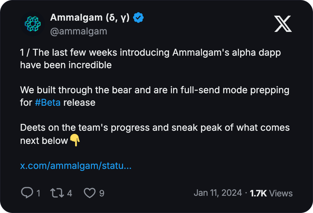 Ammalgam (@ammalgam): the last few weeks introducing Ammalgam's alpha dapp have been incredible, prepping for #Beta release.